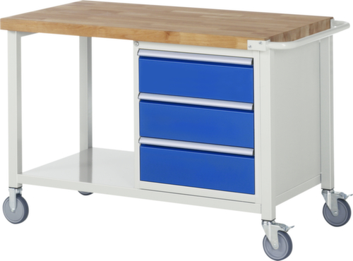 RAU Fahrbare Werkbank Serie 8000, 3 Schubladen, 1 Ablageboden, 1 Schiebebügel, RAL7035 Lichtgrau/RAL5010 Enzianblau