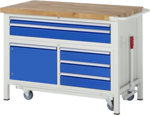 RAU Werkbank Serie 8000 mit absenkbarem Fahrgestell, 5 Schubladen, 1 Schrank, 1 Schiebebügel, RAL7035 Lichtgrau/RAL5010 Enzianblau