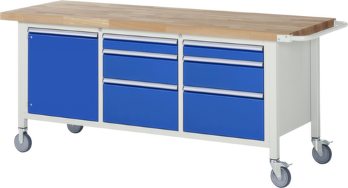 RAU Fahrbare Werkbank Serie 8000, 6 Schubladen, 1 Schrank, 1 Schiebebügel, RAL7035 Lichtgrau/RAL5010 Enzianblau