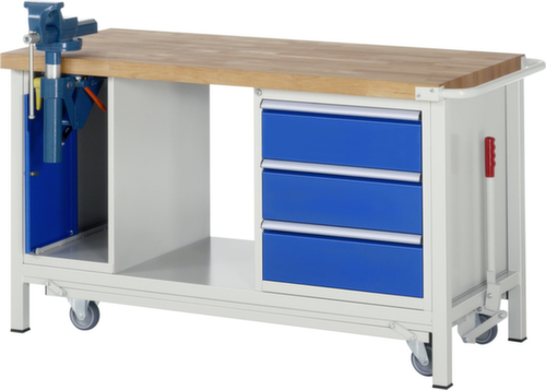 RAU Werkbank Serie 8000, 3 Schubladen, 1 Schrank, 1 Ablageboden, 1 Schraubstock, RAL7035 Lichtgrau/RAL5010 Enzianblau