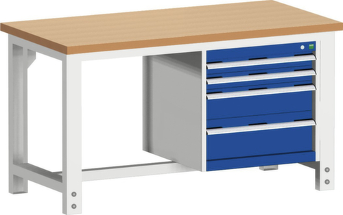 bott Stationäre Systemwerkbank cubio höhenverstellbar, 4 Schubladen, RAL7035 Lichtgrau/RAL5010 Enzianblau