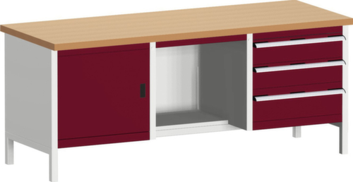 bott Kastenwerkbank cubio, 3 Schubladen, 1 Schrank, 1 Ablageboden, RAL7035 Lichtgrau/RAL3004 Purpurrot