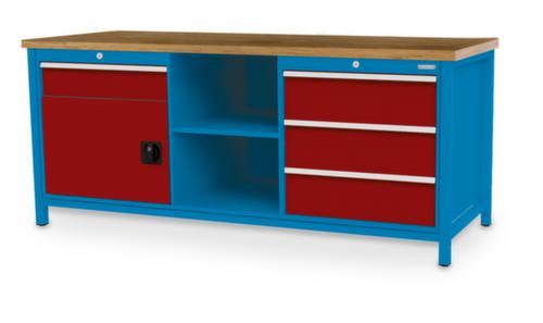 Bedrunka + Hirth Werkbank mit Buche-Massivholzplatte Gestell in vielen Farben, 3 Schubladen, 1 Schrank, 2 Ablageböden