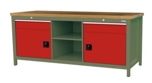 Bedrunka + Hirth Werkbank mit Buche-Massivholzplatte Gestell in vielen Farben, 2 Schubladen, 2 Schränke, 2 Ablageböden