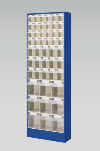 Magazinschrank mit Klappkästen, 48 Kästen, transparent