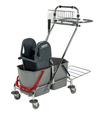 Nasswischwagen mit Mopp-Presse und Müllsackhalter, 2x17 l Eimer in rot/blau