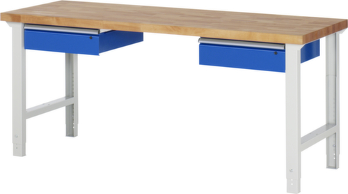 RAU Höhenverstellbare Werkbank Serie 7000, 2 Schubladen, RAL7035 Lichtgrau/RAL5010 Enzianblau