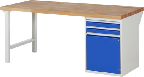RAU Werkbank Serie 7000 mit Containergestell, 2 Schubladen, 1 Schrank, RAL7035 Lichtgrau/RAL5010 Enzianblau