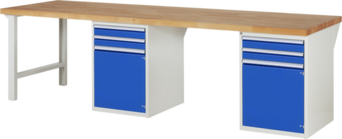 RAU Werkbank Serie 7000 mit Containergestell, 8 Schubladen, RAL7035 Lichtgrau/RAL5010 Enzianblau