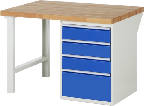 RAU Werkbank Serie 7000 mit Containergestell, 4 Schubladen, RAL7035 Lichtgrau/RAL5010 Enzianblau