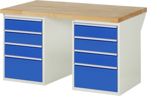 RAU Werkbank Serie 7000 mit Containergestell, 8 Schubladen, RAL7035 Lichtgrau/RAL5010 Enzianblau