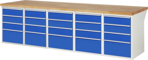 RAU Werkbank Serie 7000 mit Containergestell, 20 Schubladen, RAL7035 Lichtgrau/RAL5010 Enzianblau