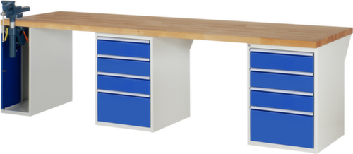 RAU Werkbank Serie 7000 mit Containergestell, 8 Schubladen, 1 Schrank, 1 Schraubstock, RAL7035 Lichtgrau/RAL5010 Enzianblau