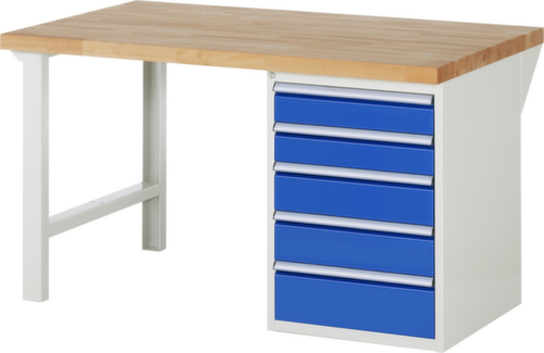 RAU Werkbank Serie 7000 mit Containergestell, 5 Schubladen, RAL7035 Lichtgrau/RAL5010 Enzianblau