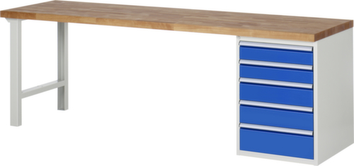 RAU Werkbank Serie 7000 mit Containergestell, 5 Schubladen, RAL7035 Lichtgrau/RAL5010 Enzianblau