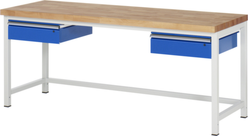 RAU Höhenverstellbare Werkbank Serie 8000, 2 Schubladen, RAL7035 Lichtgrau/RAL5010 Enzianblau