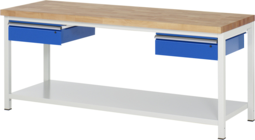 RAU Höhenverstellbare Werkbank Serie 8000, 2 Schubladen, 1 Ablageboden, RAL7035 Lichtgrau/RAL5010 Enzianblau