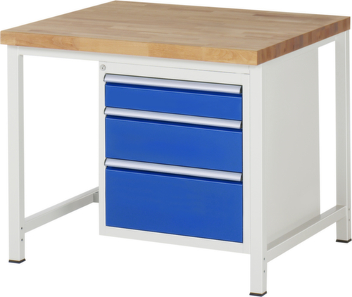 RAU Höhenverstellbare Werkbank Serie 8000, 3 Schubladen, RAL7035 Lichtgrau/RAL5010 Enzianblau