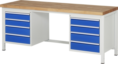 RAU Höhenverstellbare Werkbank Serie 8000, 8 Schubladen, RAL7035 Lichtgrau/RAL5010 Enzianblau