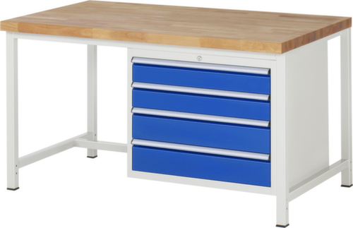 RAU Höhenverstellbare Werkbank Serie 8000, 4 Schubladen, RAL7035 Lichtgrau/RAL5010 Enzianblau
