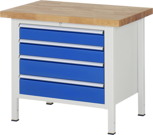 RAU Höhenverstellbare Werkbank Serie 8000, 4 Schubladen, RAL7035 Lichtgrau/RAL5010 Enzianblau