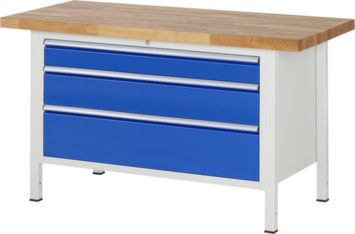 RAU Höhenverstellbare Werkbank Serie 8000, 3 Schubladen, RAL7035 Lichtgrau/RAL5010 Enzianblau