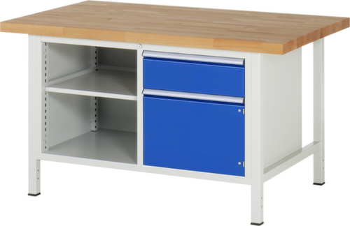 RAU Höhenverstellbare Werkbank Serie 8000, 1 Schublade, 1 Schrank, 2 Ablageböden, RAL7035 Lichtgrau/RAL5010 Enzianblau
