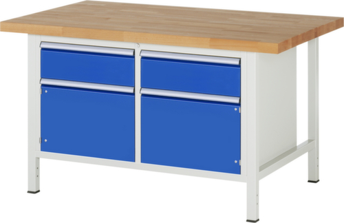 RAU Höhenverstellbare Werkbank Serie 8000, 2 Schubladen, 2 Schränke, RAL7035 Lichtgrau/RAL5010 Enzianblau