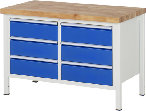 RAU Höhenverstellbare Werkbank Serie 8000, 6 Schubladen, RAL7035 Lichtgrau/RAL5010 Enzianblau