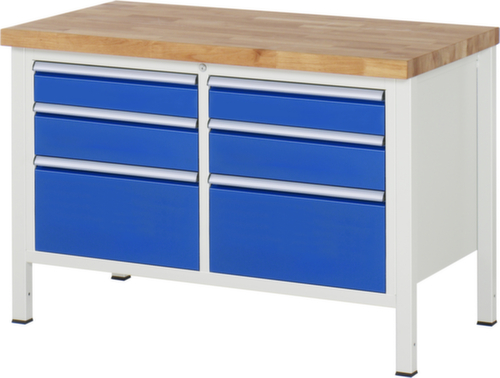 RAU Höhenverstellbare Werkbank Serie 8000, 6 Schubladen, RAL7035 Lichtgrau/RAL5010 Enzianblau