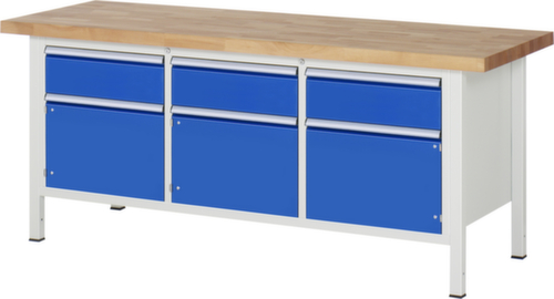 RAU Höhenverstellbare Werkbank Serie 8000, 3 Schubladen, 3 Schränke, RAL7035 Lichtgrau/RAL5010 Enzianblau