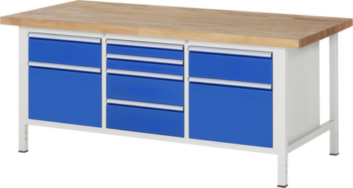 RAU Höhenverstellbare Werkbank Serie 8000, 8 Schubladen, RAL7035 Lichtgrau/RAL5010 Enzianblau