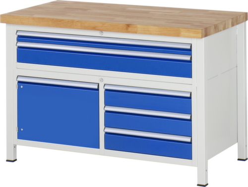 RAU Höhenverstellbare Werkbank Serie 8000, 5 Schubladen, 1 Schrank, RAL7035 Lichtgrau/RAL5010 Enzianblau