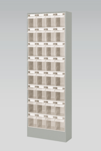 Magazinschrank mit Klappkästen, 32 Kästen, transparent