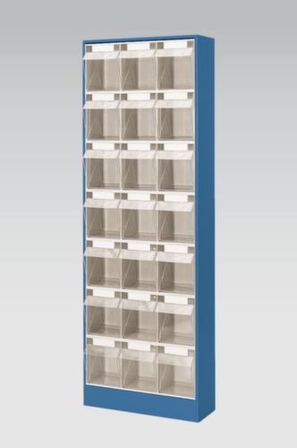 Magazinschrank mit Klappkästen, 21 Kästen, transparent