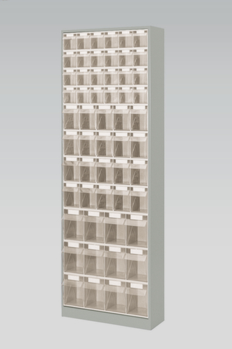 Magazinschrank mit Klappkästen, 56 Kästen, transparent