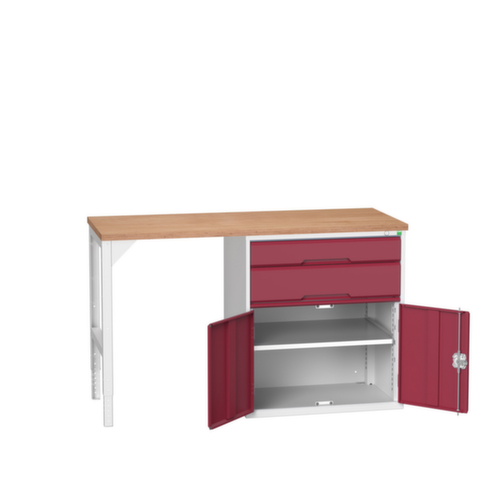 bott Werkbank verso, 2 Schubladen, 1 Schrank, RAL7035 Lichtgrau/RAL3004 Purpurrot