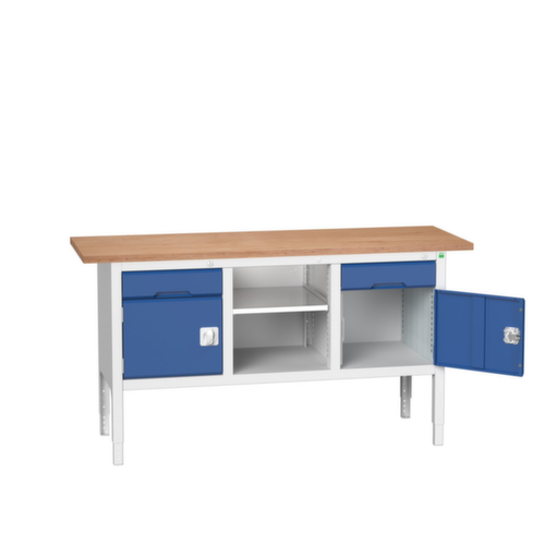 bott Höhenverstellbare Kastenwerkbank verso, 2 Schubladen, 2 Schränke, 1 Ablageboden, RAL7035 Lichtgrau/RAL5010 Enzianblau