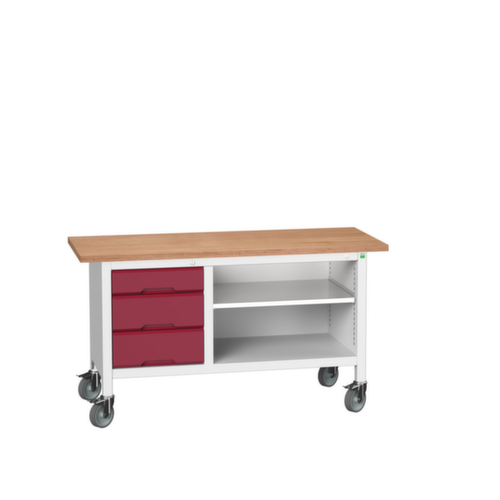 bott Fahrbare Kastenwerkbank verso, 3 Schubladen, 1 Ablageboden, RAL7035 Lichtgrau/RAL3004 Purpurrot