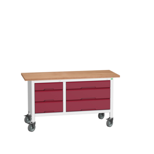 bott Fahrbare Kastenwerkbank verso, 6 Schubladen, RAL7035 Lichtgrau/RAL3004 Purpurrot