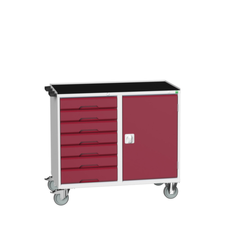 bott Fahrbarer Montagetisch verso, 7 Schubladen, 1 Schrank, RAL7035 Lichtgrau/RAL3004 Purpurrot