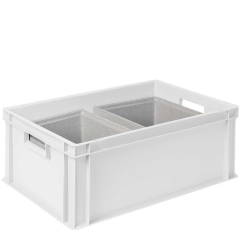 Euronorm-Stapelbehälter mit 2 Isolierboxen, weiß, Inhalt 44,5 l, Auflagedeckel für Isolierbox