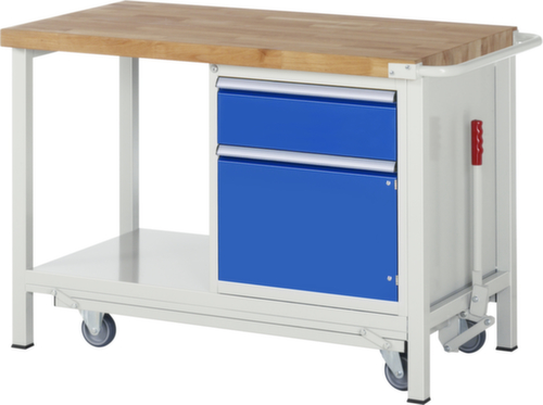 RAU Werkbank Serie 8000 mit absenkbarem Fahrgestell, 1 Schublade, 1 Schrank, 1 Ablageboden, 1 Schiebebügel, RAL7035 Lichtgrau/RAL5010 Enzianblau