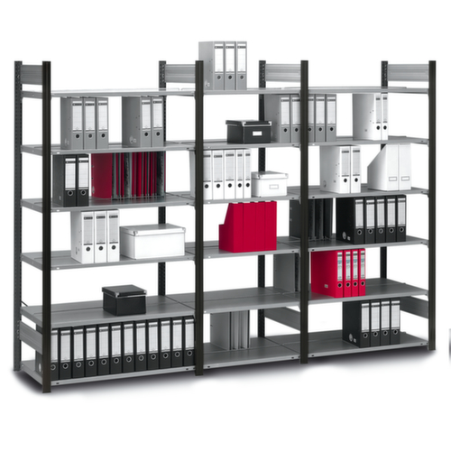 hofe Akten-Steckregal Anbaufeld zur beidseitigen Nutzung, 7 Böden, RAL9005 Tiefschwarz/RAL9006 Weißaluminium