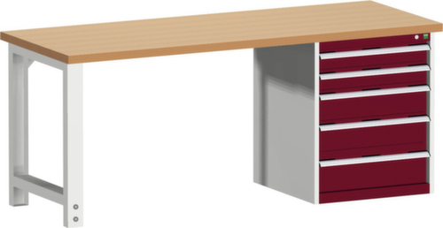 bott Stationäre Systemwerkbank cubio, 5 Schubladen, RAL7035 Lichtgrau/RAL3004 Purpurrot