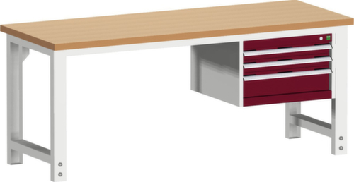 bott Stationäre Systemwerkbank cubio höhenverstellbar, 3 Schubladen, RAL7035 Lichtgrau/RAL3004 Purpurrot