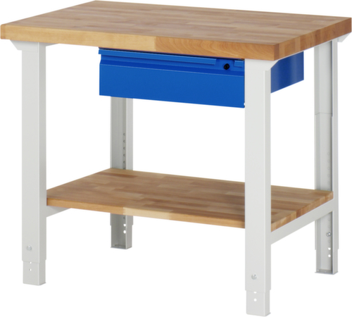 RAU Stufenlos höhenverstellbare Werkbank Basic, 1 Schublade, 1 Ablageboden, RAL7035 Lichtgrau/RAL5010 Enzianblau