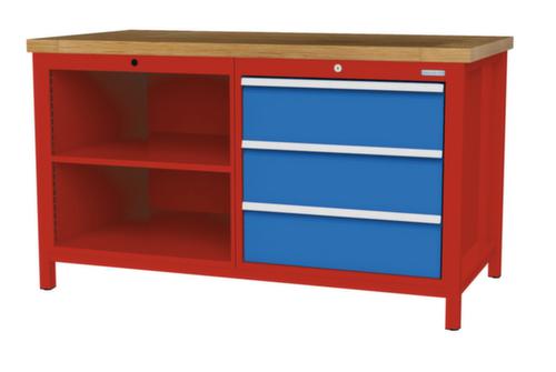 Bedrunka + Hirth Werkbank mit Buche-Massivholzplatte Gestell in vielen Farben, 3 Schubladen, 2 Ablageböden