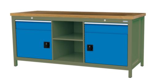 Bedrunka + Hirth Werkbank mit Buche-Massivholzplatte Gestell in vielen Farben, 2 Schubladen, 2 Schränke, 2 Ablageböden