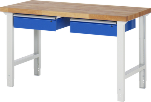 RAU Höhenverstellbare Werkbank Serie 7000, 2 Schubladen, RAL7035 Lichtgrau/RAL5010 Enzianblau
